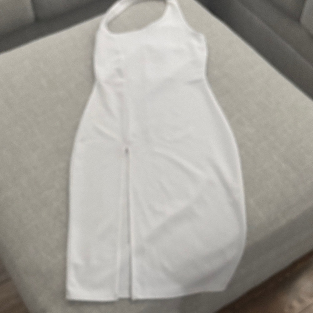 White Halter Midi Dress with Front Slit